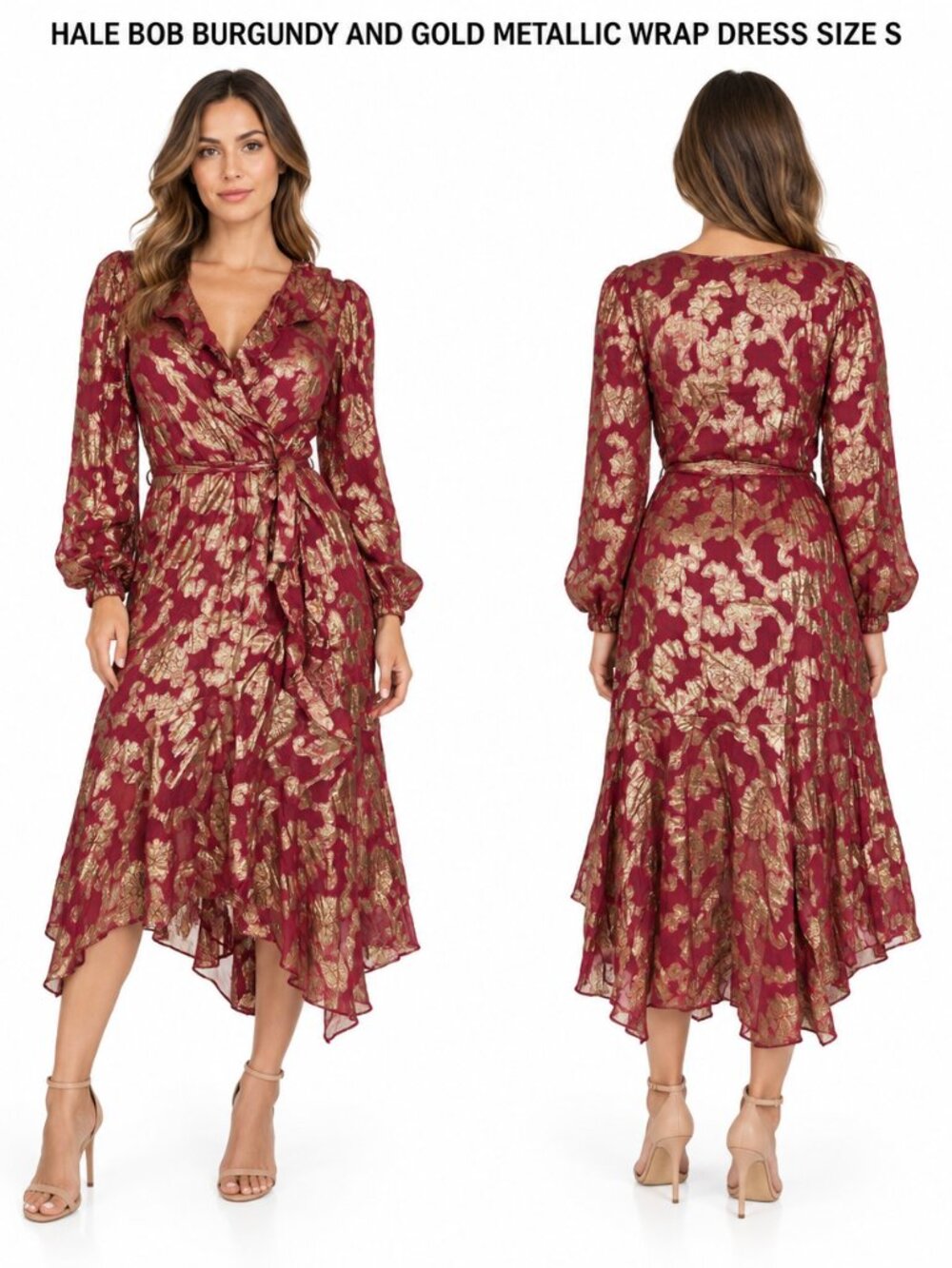 HALE BOB BURGUNDY GOLD METALLIC WRAP MIDI DRESS S